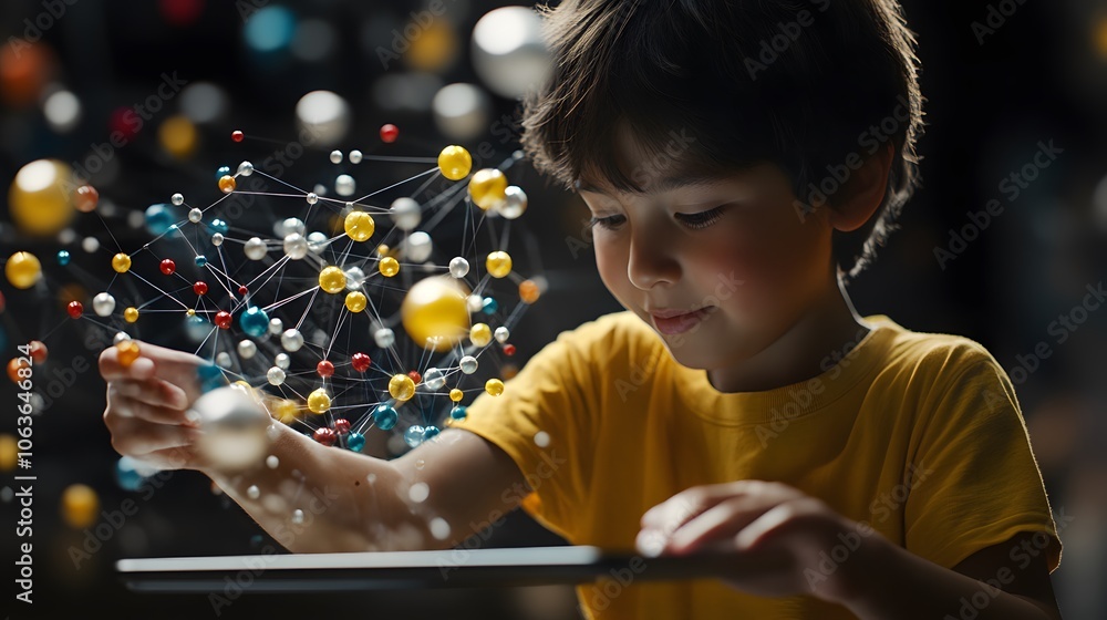 Poster Candid photo of a student exploring a 3D neural network model with 2D activations and weights visualized on a tablet, merging academic curiosity with digital learning, 4k resolution