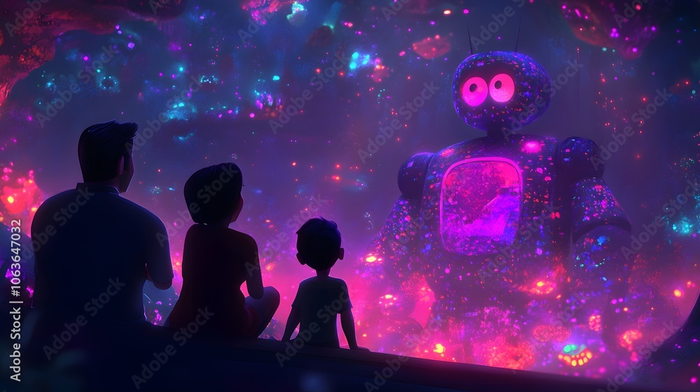 Fototapete Candid photo of a family watching a 2D-3D animated robot perform tasks, with digital emotions displayed on a screen face, merging entertainment with tech, 4k resolution