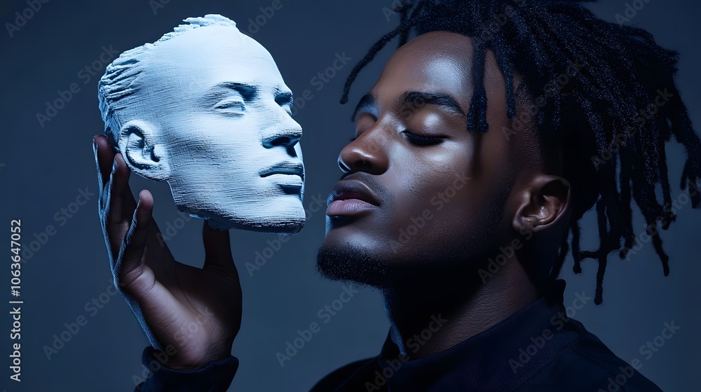 Poster Lifestyle photo of a person using a 3D humanoid robot with 2D facial expressions that change in response to interactions, blending lifelike responses with technology, 4k resolution