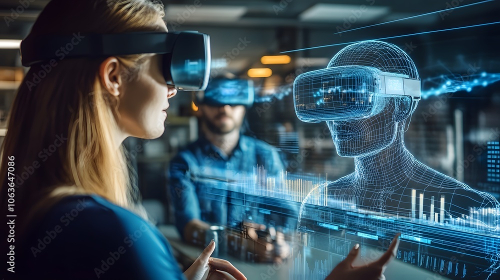 Poster candid photo of friends watching a 3d robot perform with 2d projection features that add virtual enh