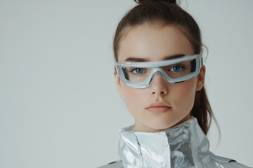 A woman wearing a silver jacket and goggles. She has blue eyes and a pinkish face. The image...