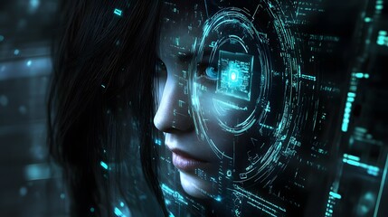 Lifestyle photo of a woman using a 3D personal robot assistant with 2D holographic notifications surrounding it, creating an integrated tech experience, 4k resolution