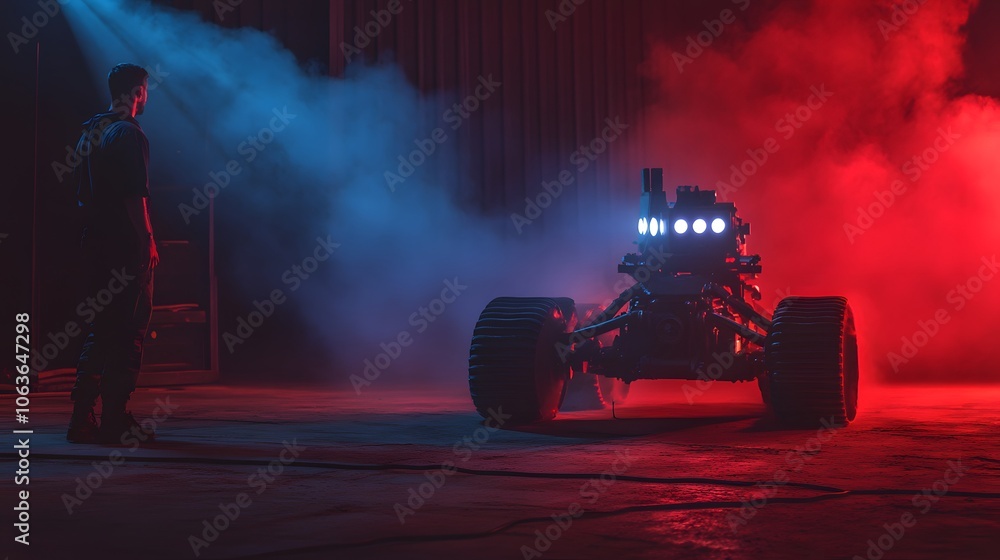 Poster candid photo of a team interacting with a 3d combat robot prototype with 2d diagnostic projections s