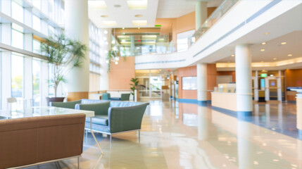 Blurred background of a hospital lobby with a bokeh