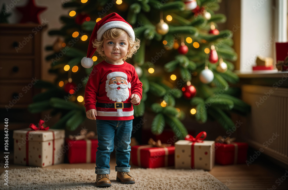 Wall mural a little boy with curly blond hair in a santa claus hat, in a christmas sweater and jeans holds a gi