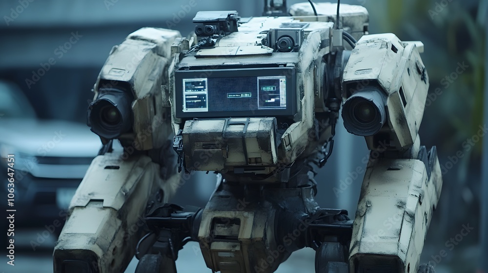 Poster candid photo of engineers testing a 3d armored robot with 2d structural integrity overlays projected