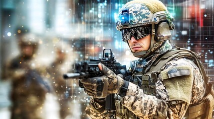 Lifestyle photo of military personnel using a 3D robotic surveillance system with 2D video feed and radar overlays, merging ground intelligence with strategic views, 4k resolution