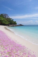 Obraz premium A beautiful beach scene with pink flowers and a blue ocean. The flowers are scattered along the shore, creating a colorful and serene atmosphere. The ocean is calm and inviting