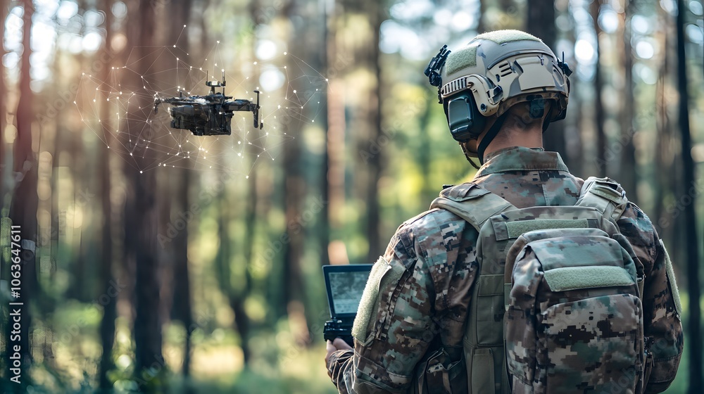 Poster candid photo of a soldier using a 3d ground robot with 2d remote navigation and threat indicators, m