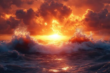 Naklejka premium mighty waves crashing in a tumultuous ocean illuminated by radiant sunbeams piercing through water capturing the breathtaking beauty of nature during sunset