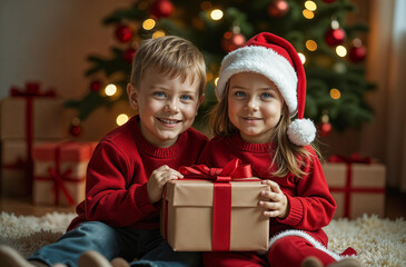Happy children, a little boy and a girl with blond hair in a Santa Claus hat, in red Christmas sweaters, holding a gift in their hands on the background of a Christmas tree. 