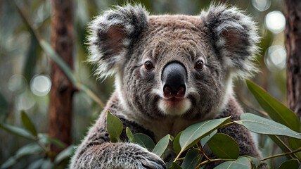 Fototapeta premium Stunning close-up of a koala resting on a eucalyptus branch surrounded by dew-kissed leaves in the early morning glow