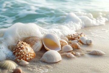 Seashells on Sandy Beach with Ocean Waves