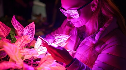 Lifestyle photo of a mom gardening with 2D tips on plant care projected over the 3D plants, creating a blend of outdoor activities with guided information, 4k resolution