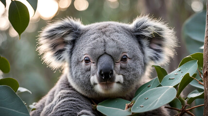 Obraz premium Intricate macro view of a koala nestled in the foliage of a eucalyptus tree surrounded by droplets of morning dew