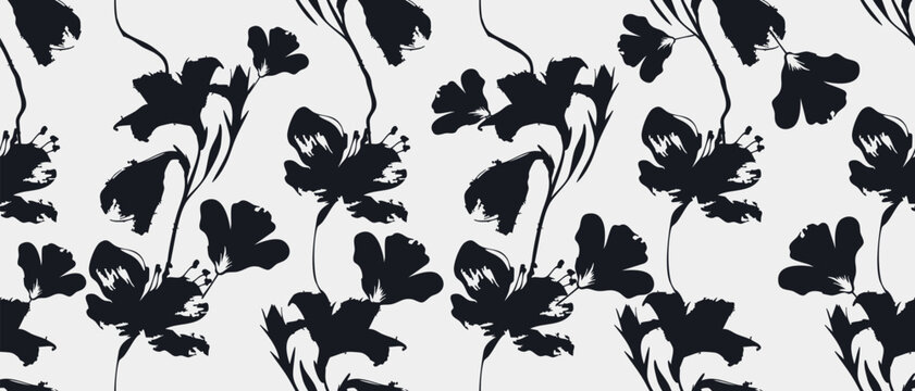 Abstract organic flower shapes seamless pattern, Modern print black and white floral hand drawn minimal design for wall art, fabric, card, cover and decoration vector illustration