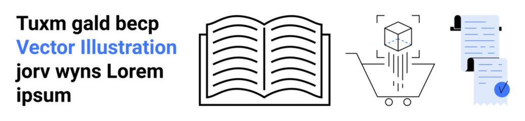 Open book, shopping cart with floating cube, documents with checkmark and notifications, text elements. Ideal for education, online shopping, technology, documentation, data management, information © robu_s