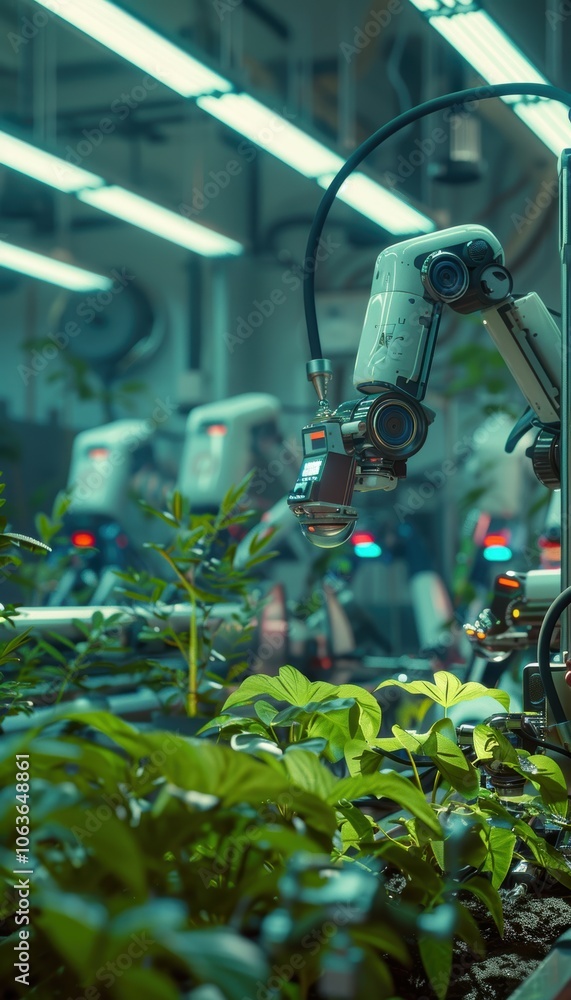 Poster smart farming robots assembly line in a futuristic factory with engineers testing technology