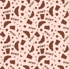 A seamless raster pattern with croissant and coffee cup silhouettes, and 