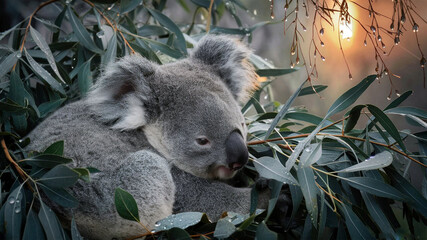 Fototapeta premium Detailed close-up image of a koala nestled in eucalyptus leaves capturing the essence of early morning tranquility