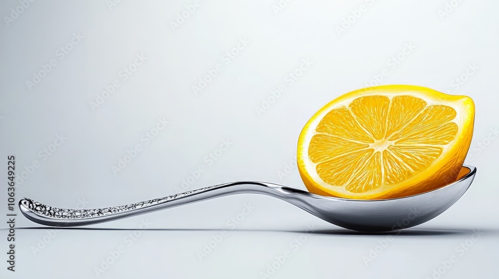 Poster lemon slice on spoon: a close-up image of a fresh lemon slice perfectly balanced on a gleaming silve
