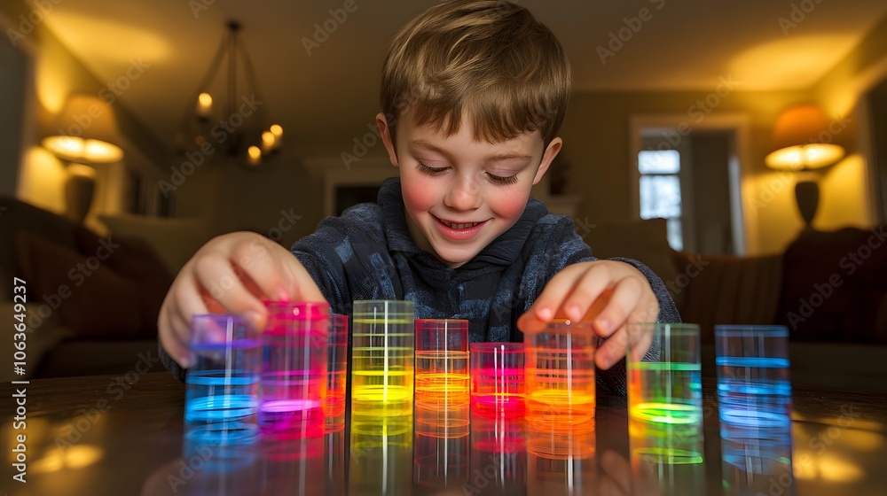 Poster candid photo of a child doing a science experiment with 2d instructions projected over the 3d materi