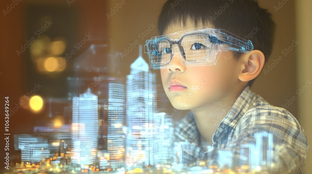Poster lifestyle photo of a kid drawing with 2d sketch guides and templates floating on a 3d digital tablet