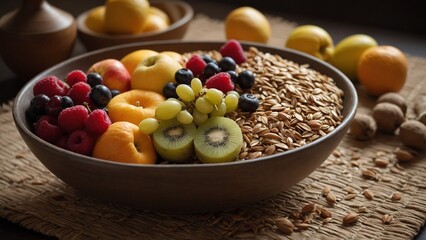Wooden bowl with fresh fruit and grains, harvest celebration