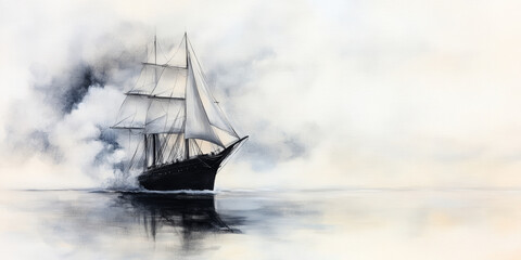 Fototapeta premium A black and white sailing ship cutting through the fog on a calm sea.