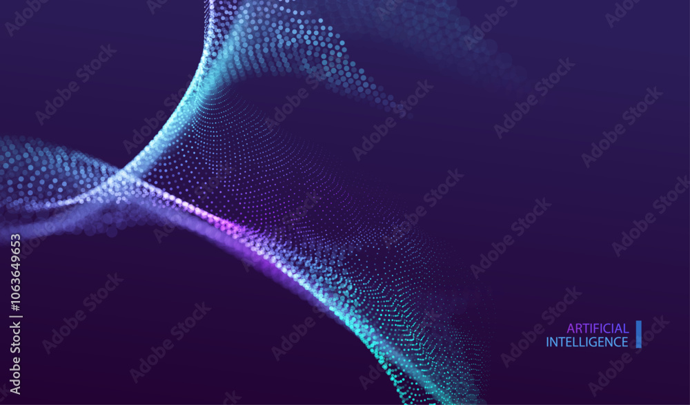 Aufkleber technology artificial intelligence particles banner. dots dust ai big data stream blurred waves neon
