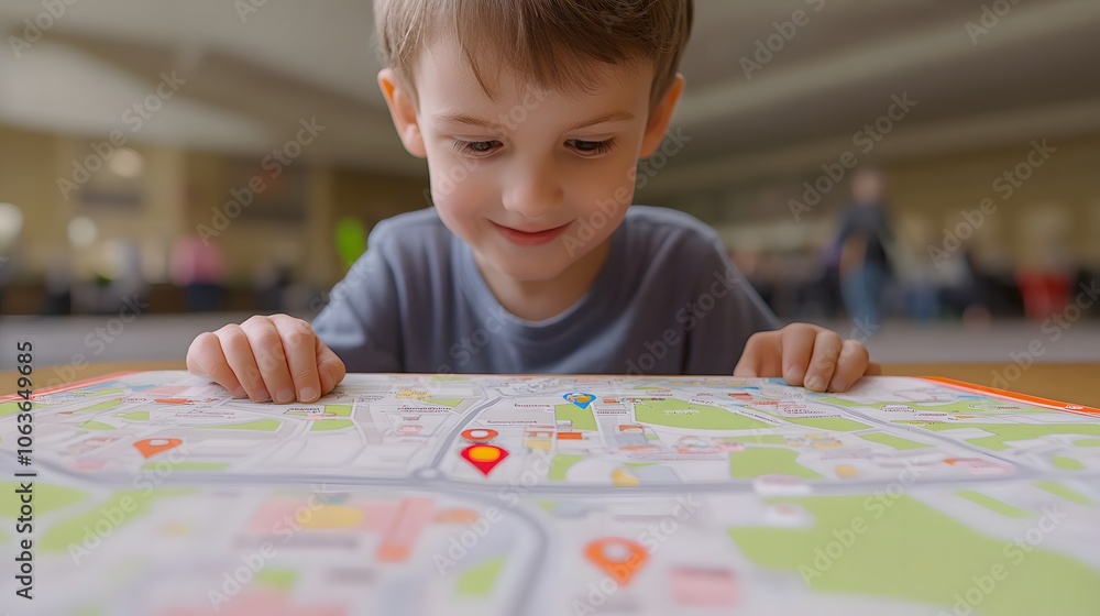 Fototapete Candid photo of a child reading a map with 2D icons showing landmarks over a 3D terrain model, merging exploration with learning, 4k resolution