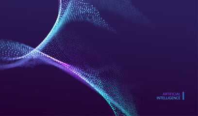 Technology Artificial Intelligence particles banner. Dots dust ai big data stream blurred waves neon blue and purple background. Futuristic splash connect design. Audio frequency concept.