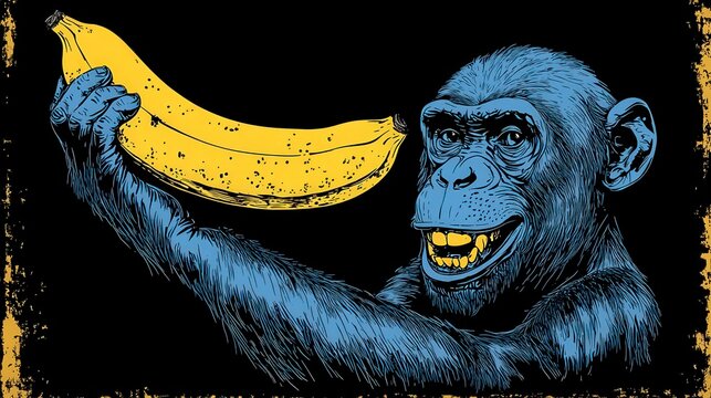 a cartoon illustration of a smiling monkey in gray holding a banana on a black background
