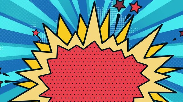 Bright retro comic explosion with blue radial background and stars