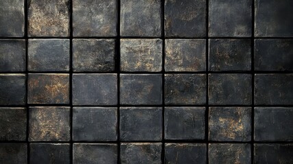 A textured surface of dark, weathered tiles arranged in a grid pattern, showcasing subtle variations in color and pattern.