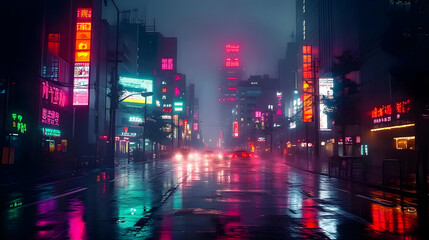 Fototapeta premium Rainy Neon City Street Illustration