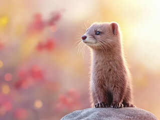 stoat standing on rock, showcasing its curious expression against vibrant, blurred background. warm colors create serene atmosphere, highlighting animal features