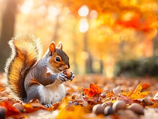 Squirrel Gathering Acorns in Vibrant Autumn Forest with Warm Sunlight