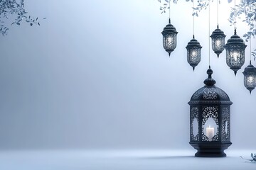 A radiant white background illuminating a black, elegant shape surrounded by simple Islamic patterns in dark blue and silver, with hanging lanterns