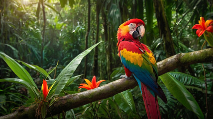Macro image of a vibrant red and yellow macaw sitting proudly on a thick branch amidst the dense foliage of a tropical rainforest where sunlight streams through the leaves creating an enchanting atmos