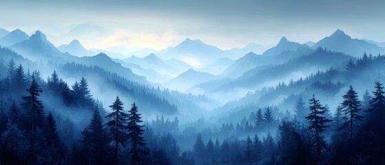 Serene mountain landscape with layered hills and misty forests at dawn.
