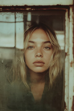 A front-facing portrait of a woman framed by a weathered window, exuding a poignant emotion and depth through her eyes and facial expression in subtle light.