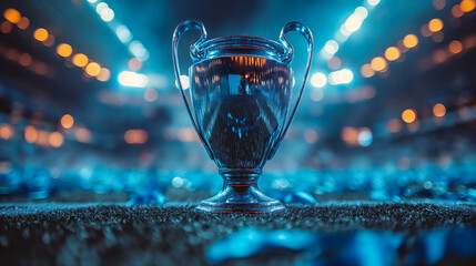 Blue trophy shines brightly on soccer field at championship match at night. Generative AI