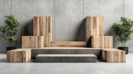 Modern interior scene showcasing a minimalist wooden display setup with greenery, ideal for design catalogs, home decor inspiration, or staging environments for photography and presentations,
