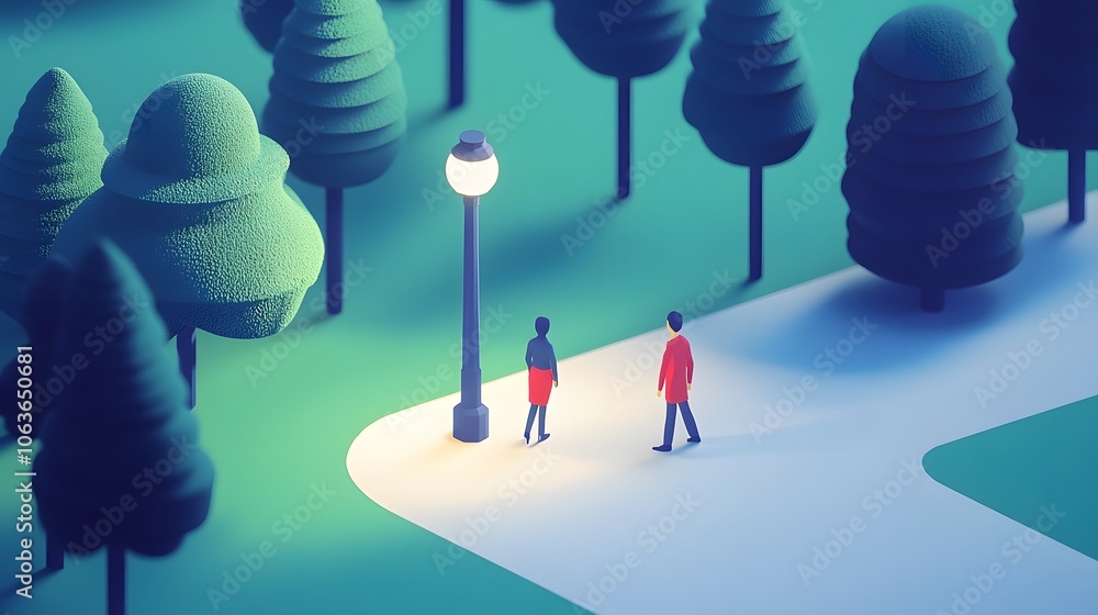 Poster lifestyle photo of a couple walking down a 2d illustrated street with a 3d light pole casting shadow
