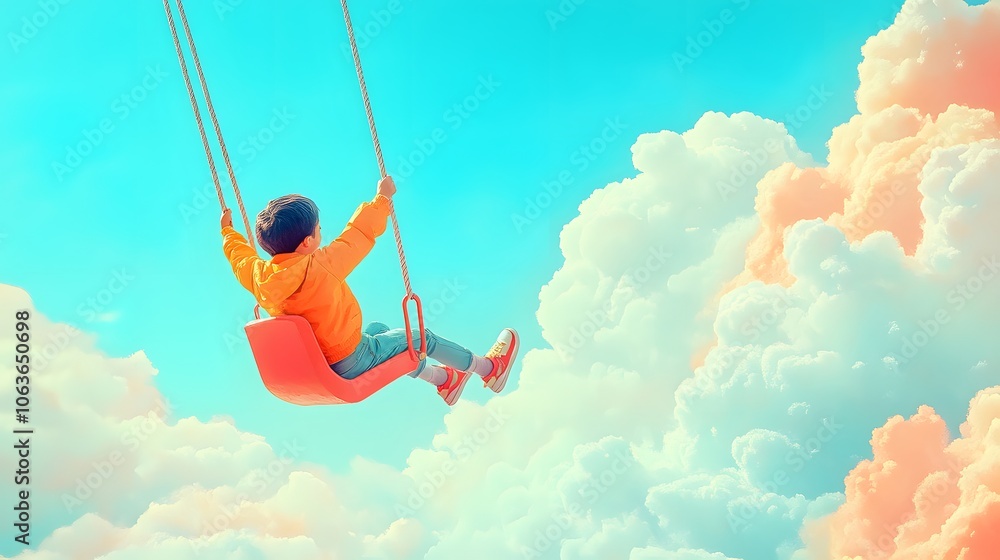 Poster candid photo of a child playing on a 3d swing set with a 2d painted sky in the background, creating 
