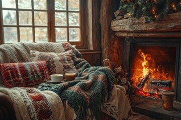Cozy Winter Fireplace With Hot Drinks And Blanket