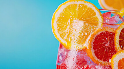 A vibrant drink with citrus slices, bubbles, and refreshing colors on a bright blue background.
