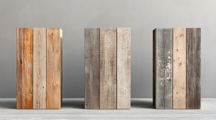 Three distinct wooden panels showcase various textures and colors, perfect for design projects, backgrounds for marketing materials, or crafting applications