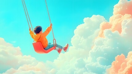 Candid photo of a child playing on a 3D swing set with a 2D painted sky in the background, creating a fun and imaginative scene, 4k resolution